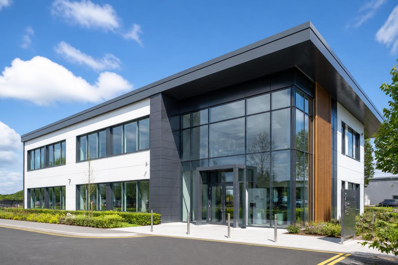 Modern commercial office building with aluminium windows and glass entrance